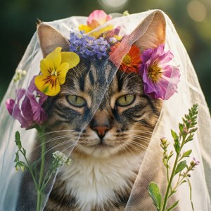 猫脸隐藏在五彩花朵的面纱之后 — Galaxy Watch 壁紙