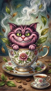 奇幻水彩风格的柴郡猫从茶杯中探头。