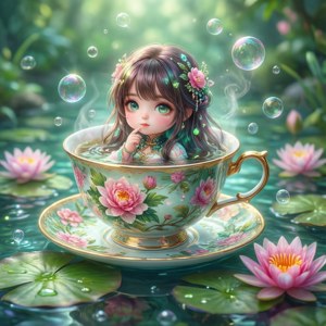 茶杯中的小精灵女孩漂浮在池塘上的壁纸。 — Pixel Watch 4 壁紙