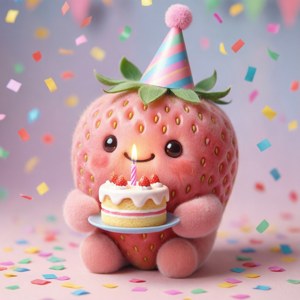 一顆草莓用蛋糕和五彩紙屑慶祝生日。 — 摩托罗拉 Razr 2025 壁紙
