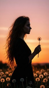 夕陽下蒲公英與少女的美麗剪影。
