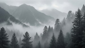 宁静的单色山景，伴有薄雾和松树 — 灰色调 壁紙