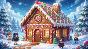 動漫風格的薑餅屋，點綴糖果與白雪，奇幻風格。 — 动漫圣诞 壁紙