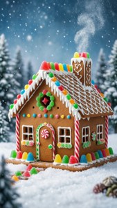 一座覆蓋著糖霜和糖果、矗立在雪地中的夢幻薑餅屋。 — 聖誕快樂 壁紙