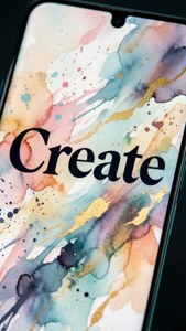 Pixel 8 搭配「Create」字體桌布與水彩潑墨效果