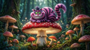 魔法森林中，柴郡貓棲息在巨大的蘑菇上。 — 柴郡猫 壁紙