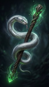 一条蛇缠绕在发光的魔杖上。 — 斯莱特林美學 壁紙