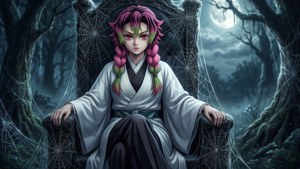 Rui坐在月光下由蜘蛛网构成的王座上。