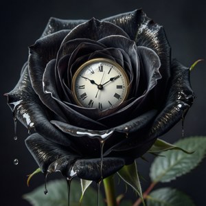 超现实的黑玫瑰，带有融化的时钟，达利风格。 — Galaxy Watch 壁紙