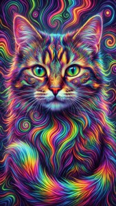 彩虹条纹与霓虹漩涡的迷幻柴郡猫。 — iPhone 5 壁紙