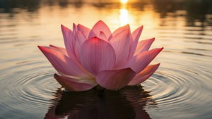 日落時分平靜水面上一朵逼真的粉色蓮花。 — 蓮花 壁紙