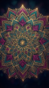 精細的曼陀羅圖案，金色與藍綠色交織，在深色背景上散發光芒，專為iPhone 11 Pro Max設計。
