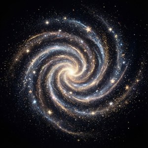 黑色背景上由閃亮魔法塵與星辰構成的螺旋銀河形狀，充滿宇宙感與優雅氣息。 — 华为nova Flip 壁紙