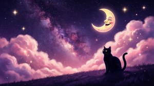 夢幻美學的銀河夜空，帶有微笑月亮與貓咪剪影 — 可愛美學動圖 壁紙