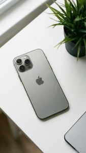 iPhone 12 Pro Max 銀色與植物的平鋪擺拍。
