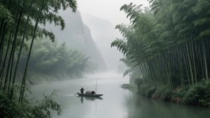 雾中的长江，竹影与孤钓者 — 中国 壁紙