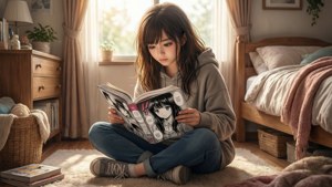 女孩在房間裡享受漫畫的寧靜場景。