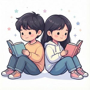两位朋友背靠背阅读的剪贴图，背景为星空。 — 华为nova Flip 壁紙