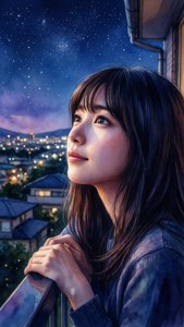 理佳子在阳台仰望星空 — 海浪 壁紙