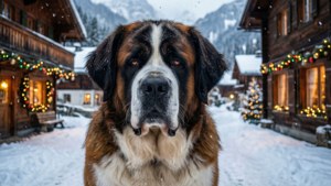 聖伯納犬在雪村中與聖誕燈光相伴 — 狗 壁紙