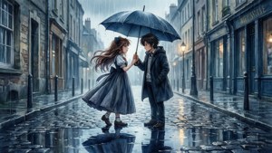 蓓兒丹蒂與景一在雨中街道共享傘下，浪漫氛圍。
