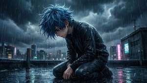 一位悲伤的动漫少年跪在雨中的屋顶上，低头垂首，周围是暴风雨中的城市景象。 — 悲伤动漫 GIF 壁紙