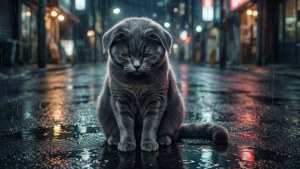 一隻孤獨的灰色貓咪在雨中 — 動漫貓 壁紙