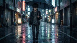 一個悲傷的動漫男孩獨自在夜間下雨的城市街道上行走，全身濕透。