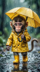 一隻可愛的小猴子拿著傘在雨中行走。 — 可愛猴子 壁紙
