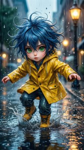 蓝发动漫小孩在雨天的城市街道上欢快地踩踏水坑。