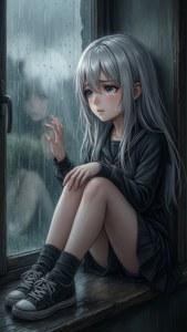 一位悲伤的动漫女孩坐在窗台上，望着窗外的雨，手触摸着玻璃。 — iPhone 8 壁紙