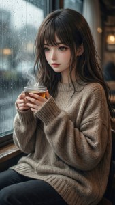 舒適的動漫女孩在雨窗旁喝茶。
