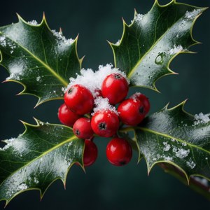 冬青果与雪的微距摄影，充满节日气氛的红绿配色。 — 美學聖誕 壁紙