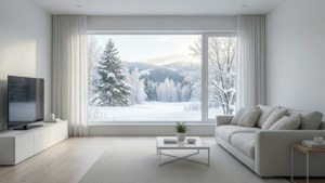 宁静的白色极简客厅，窗外雪景相伴，适合作为平静心情的壁纸。 — 白色美学 壁紙