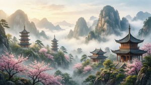 宁静的中国山水画风格，描绘雾中山峦、塔楼与樱花，采用水彩技法呈现 — 中国 壁紙