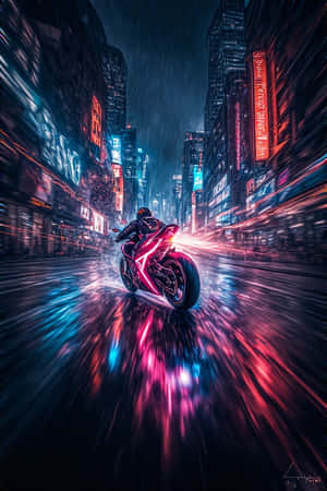 霓虹摩托車、城市追逐、暗夜城市、光軌、夜晚、鮮豔、賽博龐克、電影感、4K、直式桌布 — 4K 壁紙
