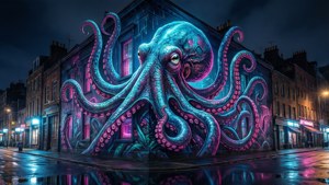 巨型霓虹章魚壁畫在夜間環繞建築轉角