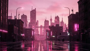 淺粉色美學城市景觀，帶有霓虹反射。 — 黄昏 壁紙