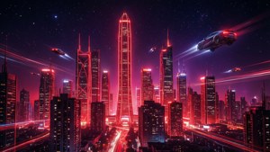 未來風格的霓虹紅城市天際線夜景，呈現賽博龐克美學。 — 霓虹红 壁紙