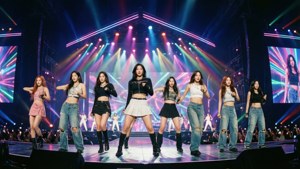 TWICE在霓虹燈光閃爍的絢麗舞台上演出。 — 트와이스 壁紙