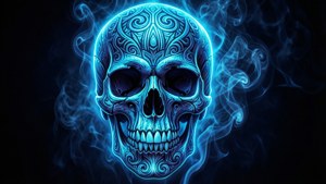 發光的霓虹藍骷髏，帶有部落圖案。