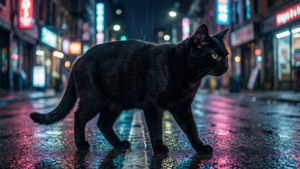 賽博龐克霓虹城市街道上的黑貓