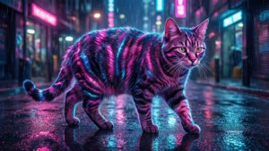 一只带有霓虹条纹的猫在赛博朋克城市中行走。 — 貓 壁紙