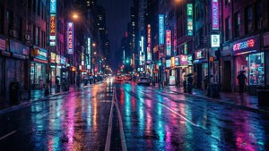 赛博朋克风格的夜间城市街道，霓虹灯闪烁，湿漉漉的地面映出倒影。