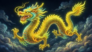 傳統中國龍在雲端中帶有霓虹黃點綴，吉祥寓意桌布。