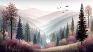 風景,森林,山巒,霧氣,自然,樹木,美景,插畫,寧靜,荒野,戶外,秋季,鮮豔,小路,鳥類 — 秋天 壁紙
