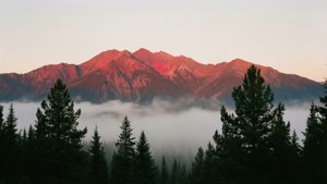寧靜的黎明景象，霧氣籠罩的紅色山巒與松樹剪影