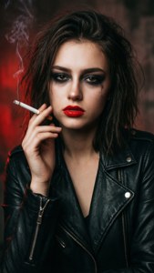 一位身著皮夾克、煙燻妝的嫵媚壞女孩，散發頹廢搖滾氛圍。