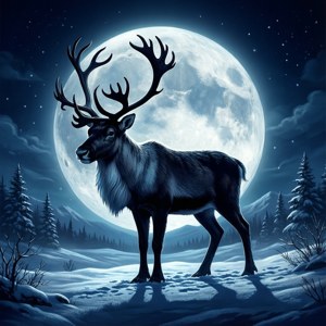 雪夜中馴鹿在滿月下的剪影。 — 美學聖誕 壁紙