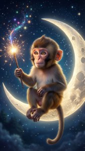 一只可爱的小猴子拿着魔杖坐在新月上，带有闪光和星星的奇幻艺术。 — 可愛猴子 壁紙